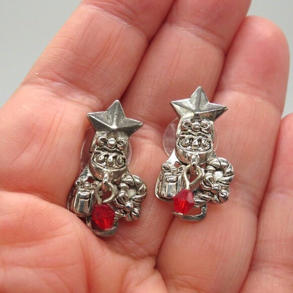 Christmas Earrings Presents Candy Cane Star Silver Tone Pierced Red Dangle Bead - Picture 7 of 7
